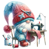 ai genererad sömnad gnome med årgång sömnad maskin illustration. png