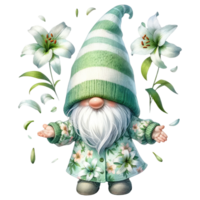 ai genererad gnome med liljor illustration i grön toner. png