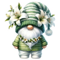 AI generated Gnome with Lilies Illustration in Green Tones. png