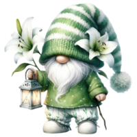 AI generated Gnome with Lilies Illustration in Green Tones. png