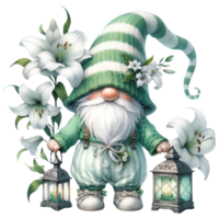 ai genererad gnome med liljor illustration i grön toner. png