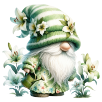 ai genererad gnome med liljor illustration i grön toner. png