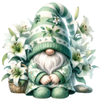 AI generated Gnome with Lilies Illustration in Green Tones. png