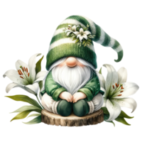 AI generated Gnome with Lilies Illustration in Green Tones. png