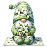 AI generated Gnome with Lilies Illustration in Green Tones. png