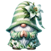 AI generated Gnome with Lilies Illustration in Green Tones. png