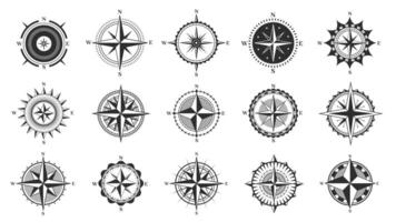 Compass sign. Navigation and direction icons, cartography and topography symbols, nautical and marine instruments, north south east west. Vector set