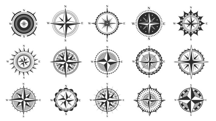 Compass sign. Navigation and direction icons, cartography and topography symbols, nautical and marine instruments, north south east west. Vector set