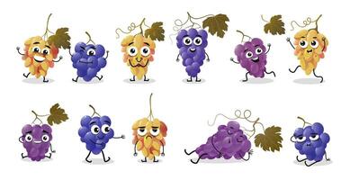 Cartoon grape character. Funny bunch of emoticon emotions with different faces, cute cheerful emoji for chat and messenger. Vector isolated set