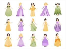 linda princesa personaje. dibujos animados hada cuento medieval muchachas con diferente pelo estilo y vestir arriba traje, fantasía realeza. vector aislado conjunto