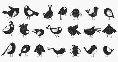 infantil negro aves. dibujos animados volador bebé aves siluetas, linda negro pájaro caracteres con blanco alas para niños diseño. vector aislado conjunto