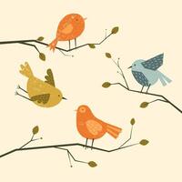 Cute birds on trees. Cartoon colorful spring and summer animals on branches with flowers, childish graphic design elements. Vector isolated set