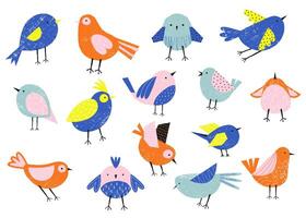 Cute birds. Cartoon colorful sparrow characters, happy flying animals with colorful wings and beaks, zoo and wildlife flat style. Vector isolated set