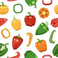 Bell pepper pattern. Seamless print of red green yellow ripe sliced raw and whole sweet vegetable, cartoon organic paprika texture. Vector texture