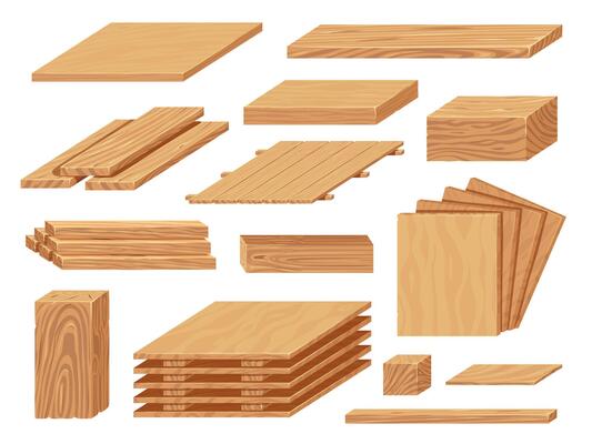 Cartoon plywood. Wood board and sheet for construction and furniture, natural timber material for carpentry industry. Vector isolated set