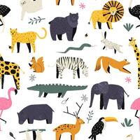 infantil animales modelo. sin costura impresión con linda dibujos animados safari animales, vistoso antecedentes para niños envase papel textil diseño. vector textura