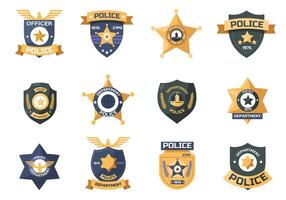 policía insignia. policía oficial alguacil emblemas con estrella y proteger, seguridad proteccion insignias plano estilo. vector aislado conjunto