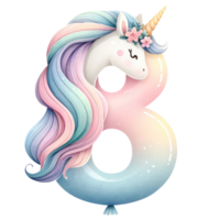 ai generado pastel unicornio número ocho con floral decoración png