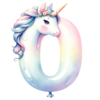 ai généré pastel Licorne nombre zéro avec floral décor png