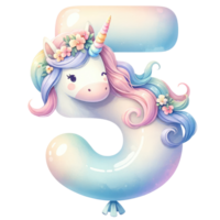 ai generado pastel unicornio número cinco con floral decoración png