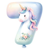 ai generado pastel unicornio número Siete con floral decoración png