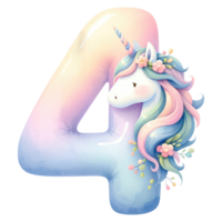 ai generado pastel unicornio número cuatro con floral decoración png