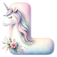 ai généré capricieux Licorne lettre l avec floral accent png