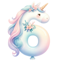 AI generated Pastel Unicorn Number Six with Floral Decor png