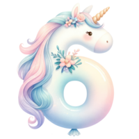 ai generado pastel unicornio número seis con floral decoración png