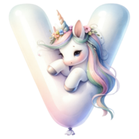 AI generated Whimsical Unicorn Letter V with Floral Accent png