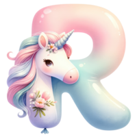 ai generado caprichoso unicornio letra r con floral acento png