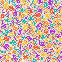 Confetti seamless pattern. Geometric background with different geometric shapes. Memphis seamless confetti pattern. Bright and colorful, 90s style. Vector background.