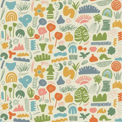 Abstract organic shapes pattern. Vector seamless background with hand drawn various shapes and doodle objects. Abstract contemporary modern style wallpaper. Trendy illustration.