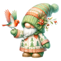 AI generated Illustration of Garden Gnome with a Friendly Bird. png