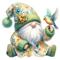 AI generated Illustration of Garden Gnome with a Friendly Bird. png