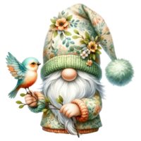 AI generated Illustration of Garden Gnome with a Friendly Bird. png