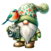 ai généré illustration de jardin gnome avec une amical oiseau. png