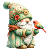 AI generated Illustration of Garden Gnome with a Friendly Bird. png