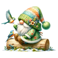 AI generated Illustration of Garden Gnome with a Friendly Bird. png