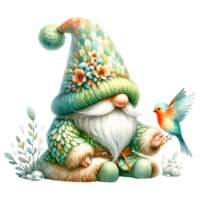 AI generated Illustration of Garden Gnome with a Friendly Bird. png