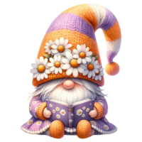 AI generated Gnome with Daisies and Striped Hat. png