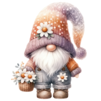 AI generated Gnome with Daisies and Striped Hat. png