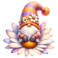 AI generated Gnome with Daisies and Striped Hat. png