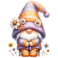 AI generated Gnome with Daisies and Striped Hat. png