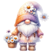 AI generated Gnome with Daisies and Striped Hat. png