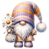 AI generated Gnome with Daisies and Striped Hat. png