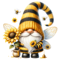 ai generiert Fantasie Gnom mit Sonnenblumen und Bienen. png