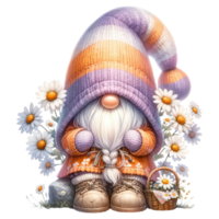 AI generated Gnome with Daisies and Striped Hat. png