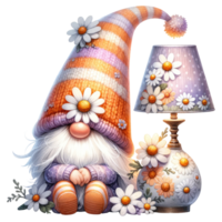AI generated Gnome with Daisies and Striped Hat. png