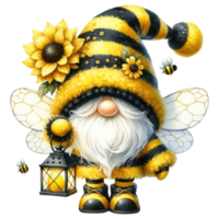 ai gegenereerd fantasie gnoom met zonnebloemen en bijen. png